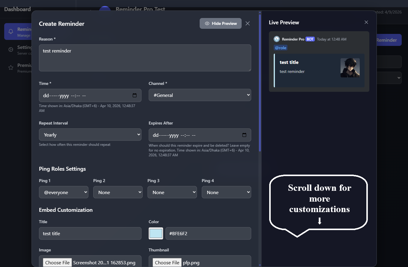 Web dashboard example for creating reminder