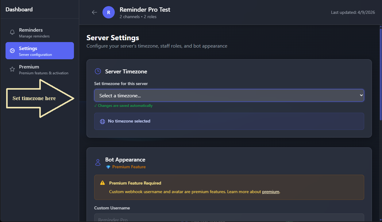 Web dashboard example for setting timezone
